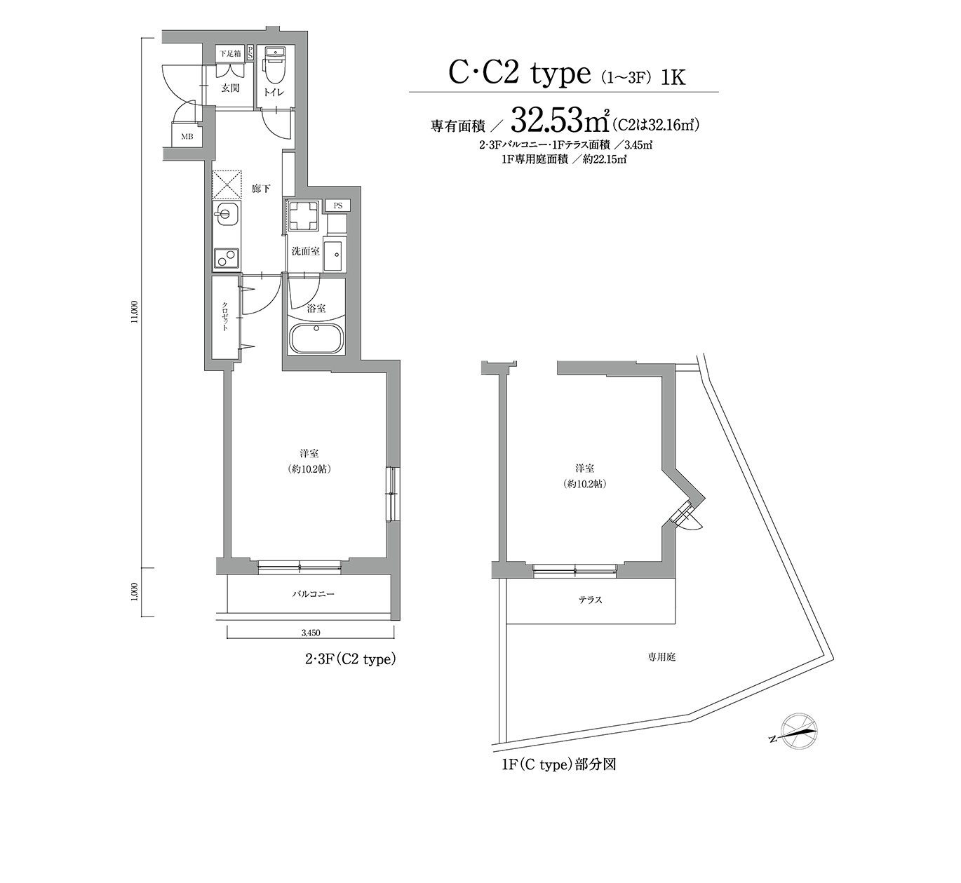 C Type(1~3F)1K　専有面積32.53平方メートル