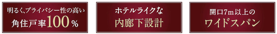 角住戸率100%、ホテルライクな内廊下設計、開口7m以上のワイドスパン